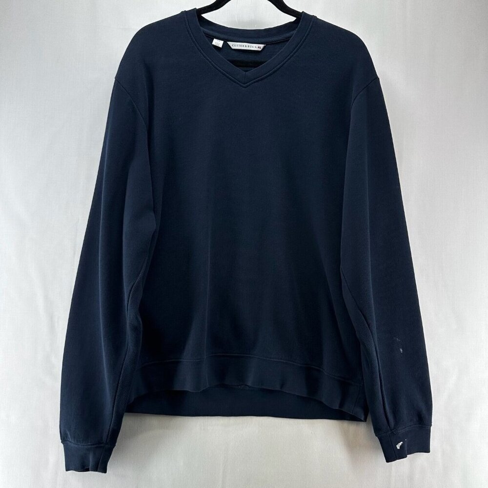 Cutter & Buck Sweater Men Sz M V-Neck Long Sleeve Pullover Ribbed Knit Navy Blue